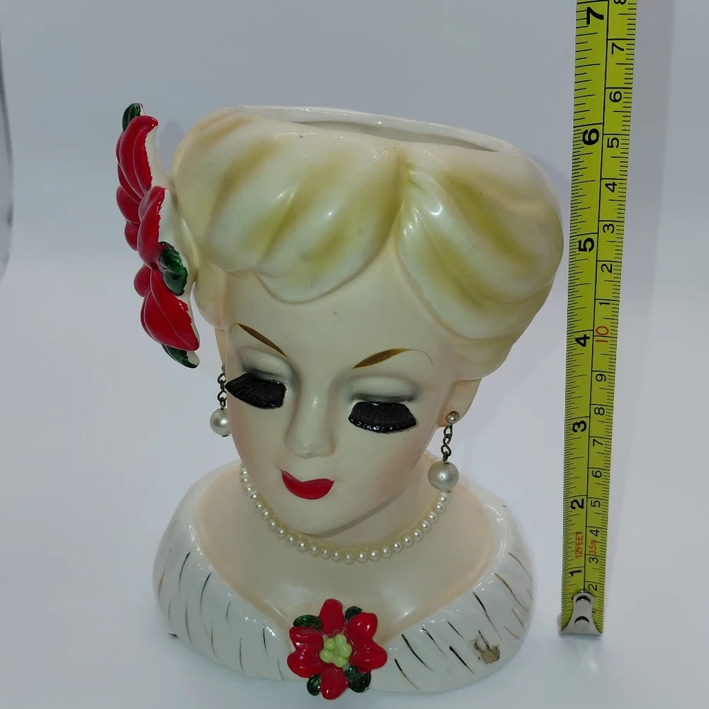 Vtg 1961 Inarco Blonde Girl Christmas Head Vase Poinsettia Necklace Earrings